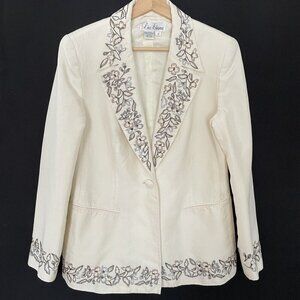 Liz Elana Womens Floral Embroidered Silk Blazer Jacket Cream Size 8 Vintage